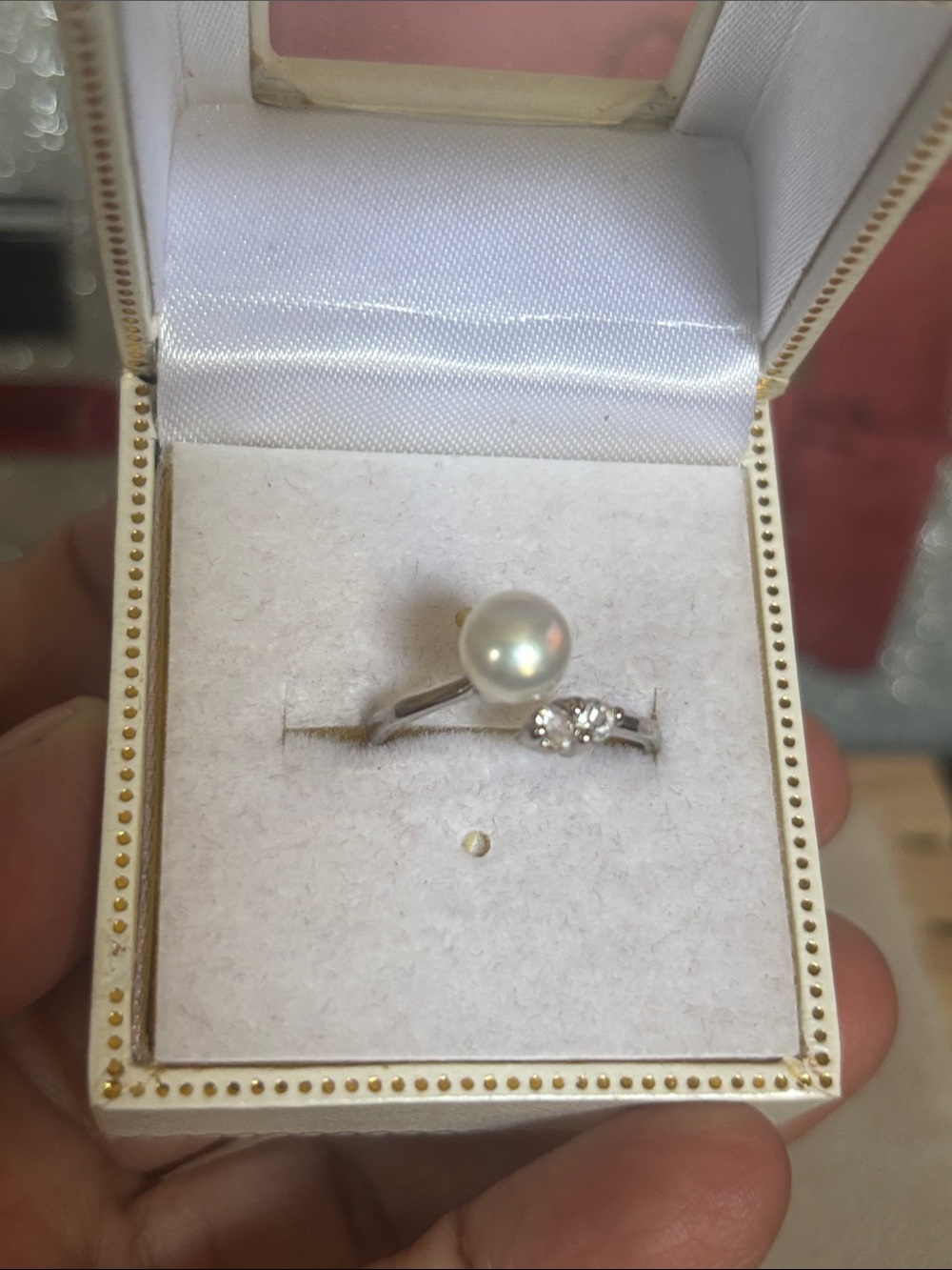 Sterling Faux  Pearl Ring with CZ Accents - White Pearl Size 7 Adj